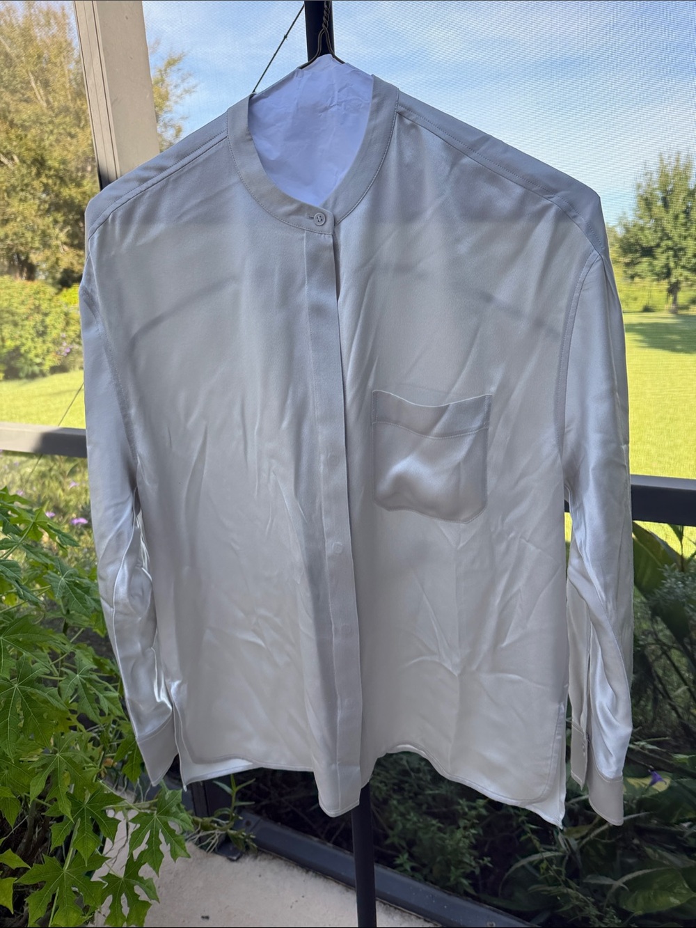 Vince 100% silk silver gray Band-Collar leather ng sleeve Blouse